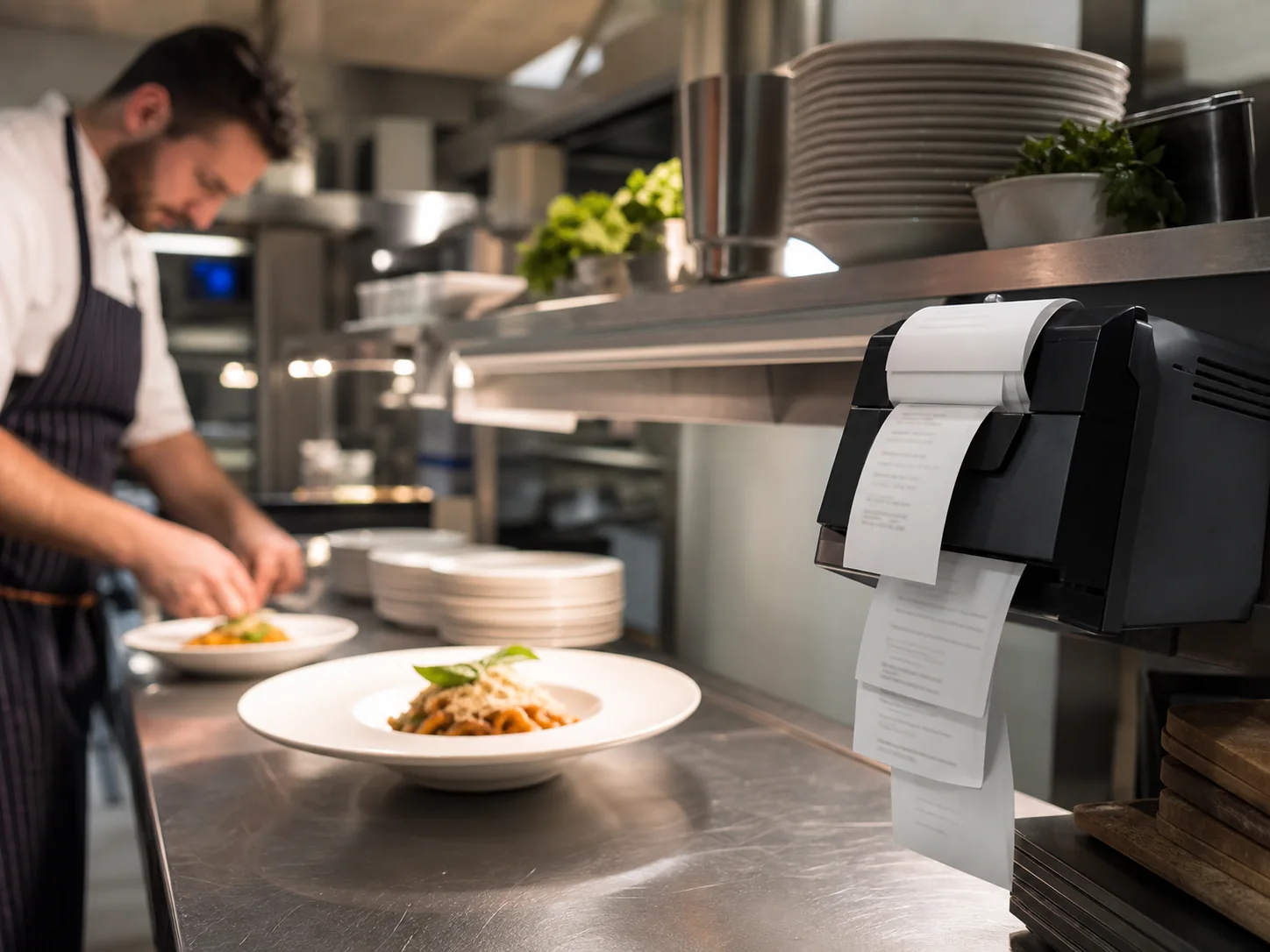Stampante e cucina durante il servizio